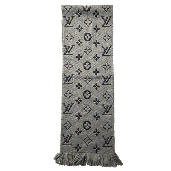 Louis Vuitton LV Monogram Logomania Gray Black Cashmere Silk Scarf Pre-Owned - Picture 10 of 16